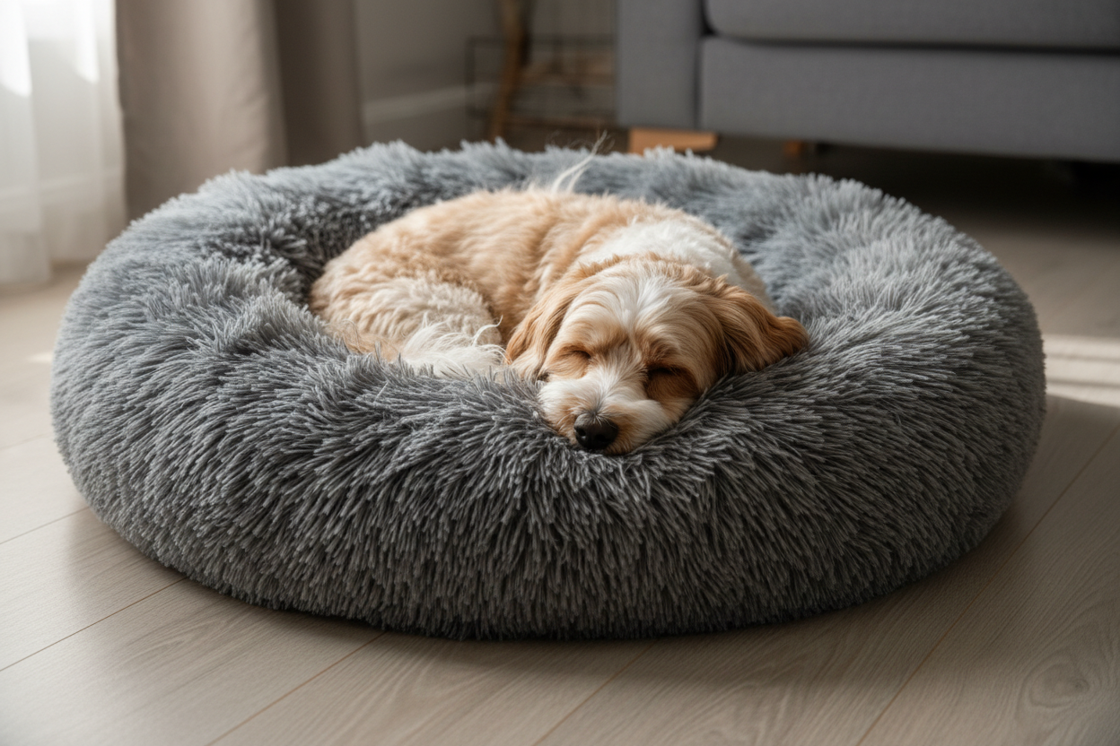 fluffy gray donut bed with cute dog in it